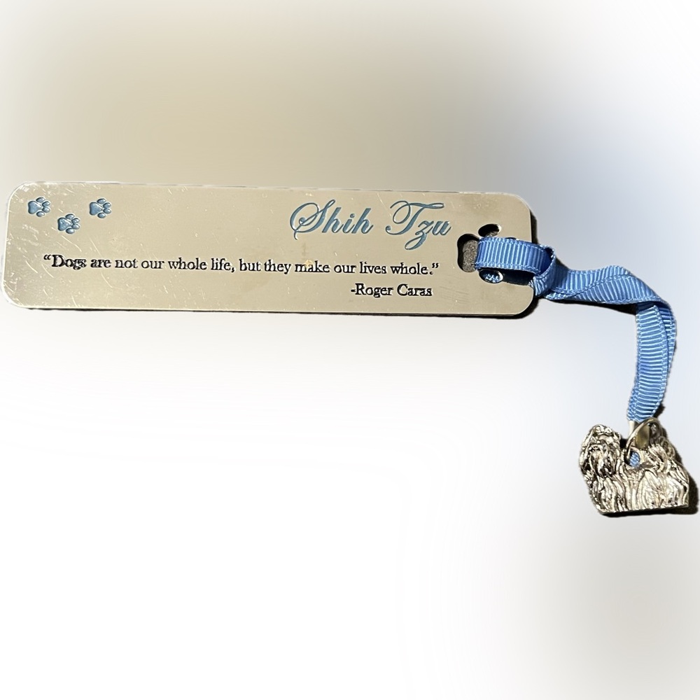 💥Shih Tzu Bookmark Blue Ribbon Pendant Paw Print Dog Pet Quote Metal